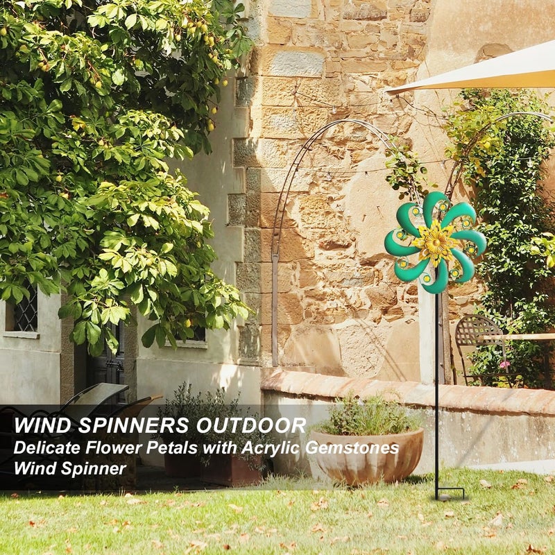 Senflame Flower Outdoor Metal Wind Spinner, Single-Layer Kinetic Garden Art with Vibrant Green Finish - Weatherproof Wind Sculpture for Lawn, Patio, Yard Decor - 10''W x 36''H - Image 2